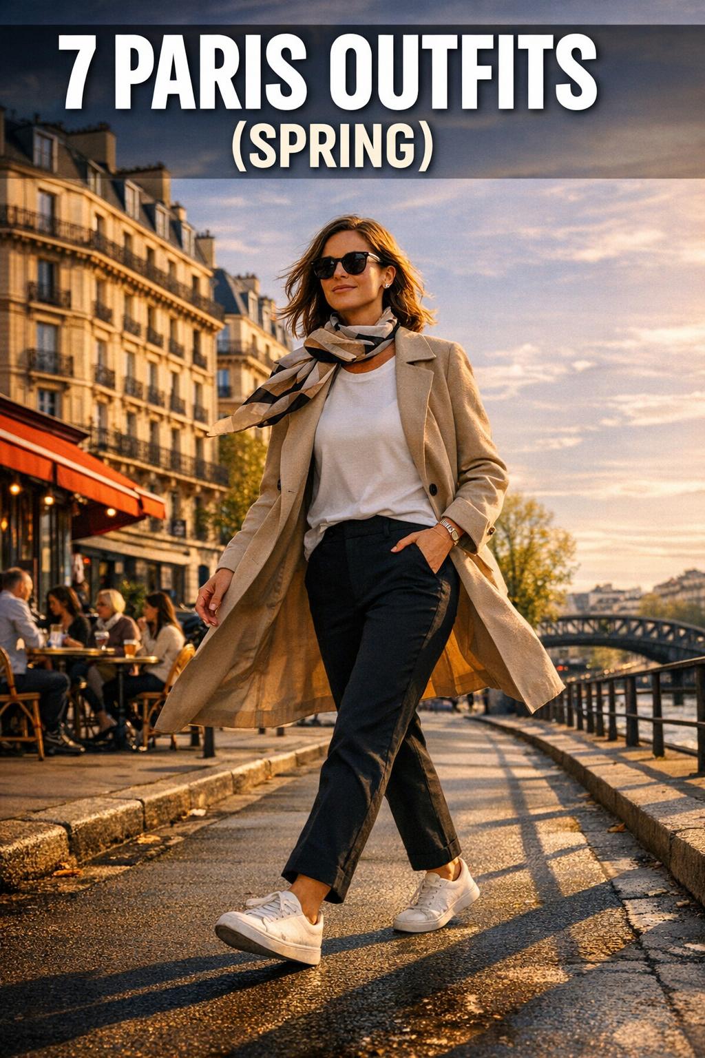 Paris outfits spring on a stylish woman walking a cobblestone street near the Seine in soft morning light