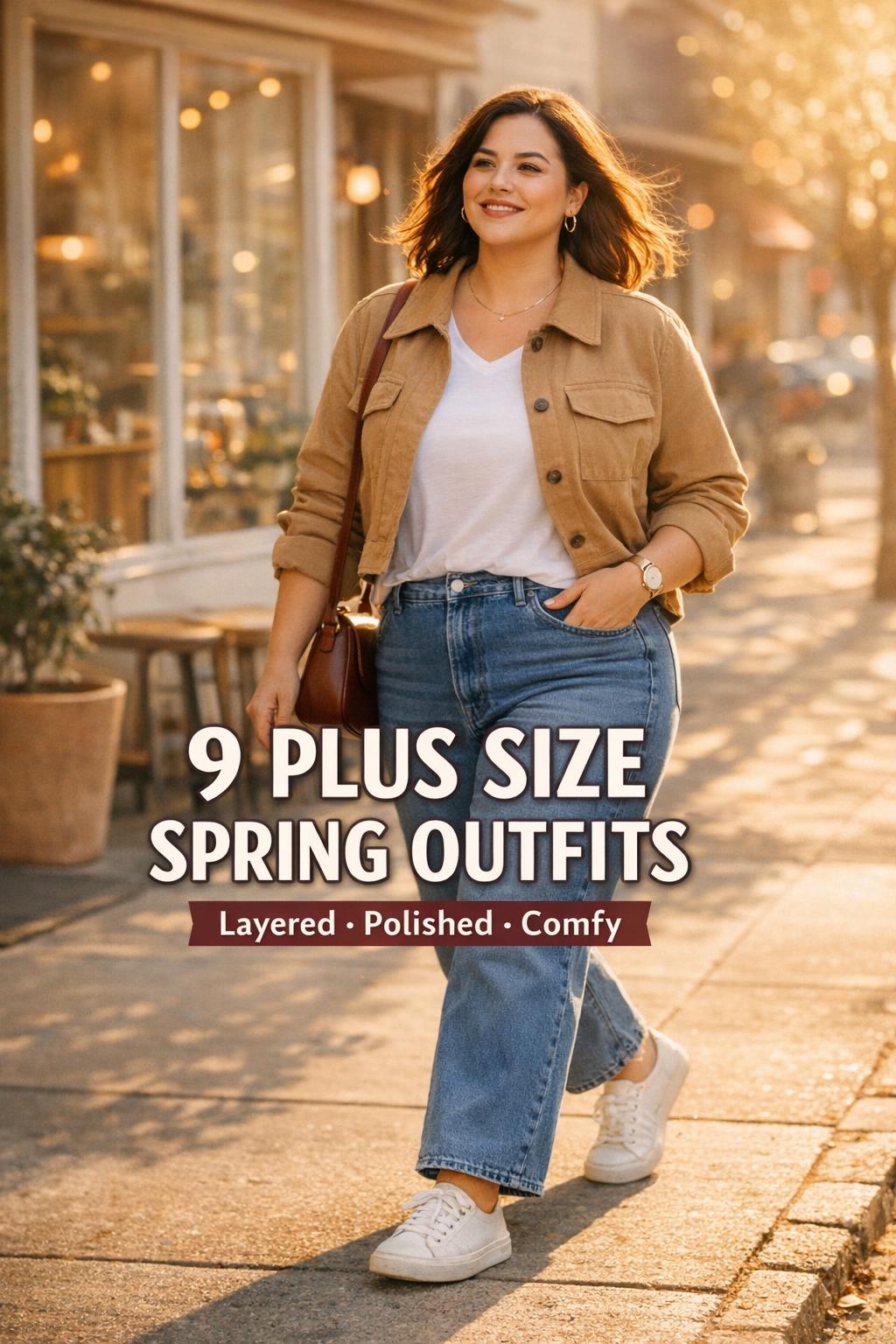 Plus size spring outfits styled with camel jacket, white tee, jeans and sneakers on a sunny city sidewalk by a cafe