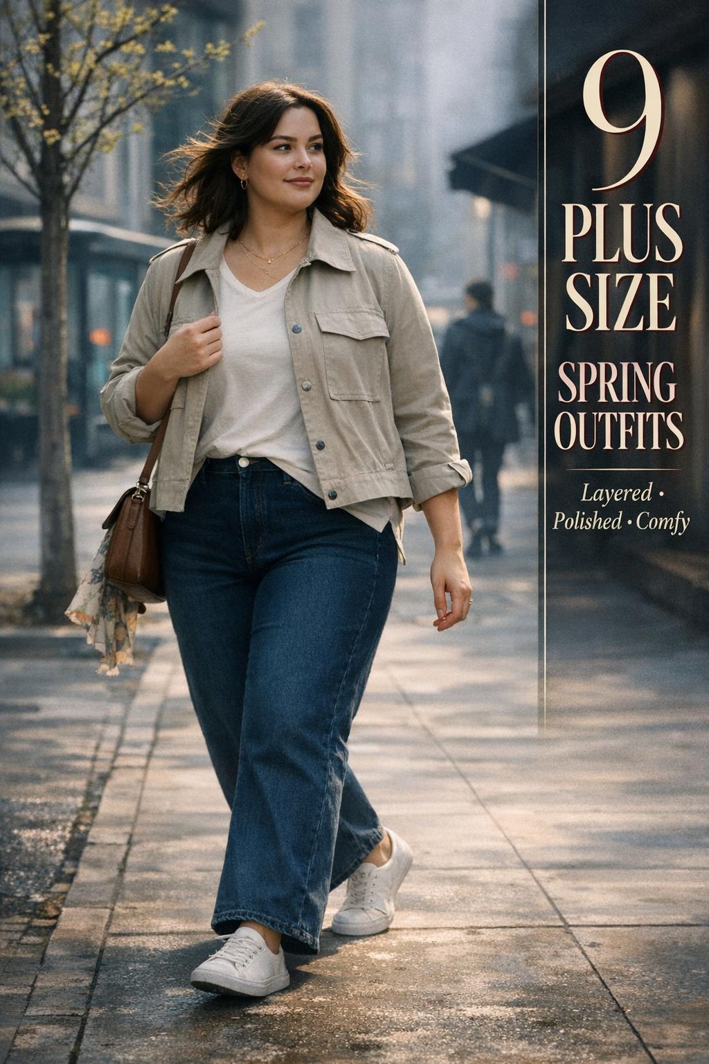 Plus size spring outfits: confident woman in trench jacket and dark jeans walking on a city sidewalk with bold magazine-style text