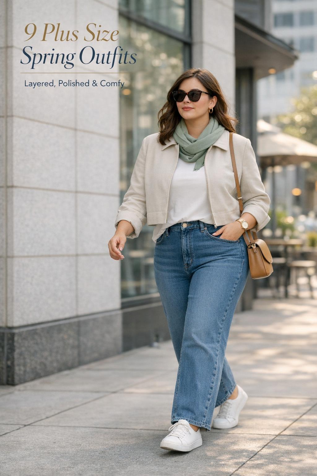 Plus size spring outfits street style: woman in ecru jacket, white top, indigo jeans and sneakers walking by a café