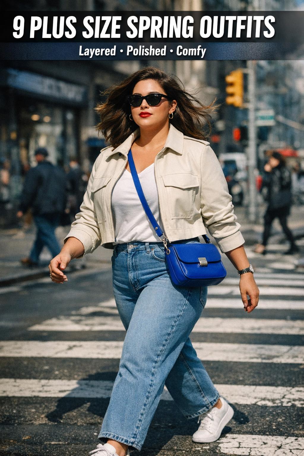 Plus size spring outfits featuring a floral dress and light denim jacket in a bright outdoor setting