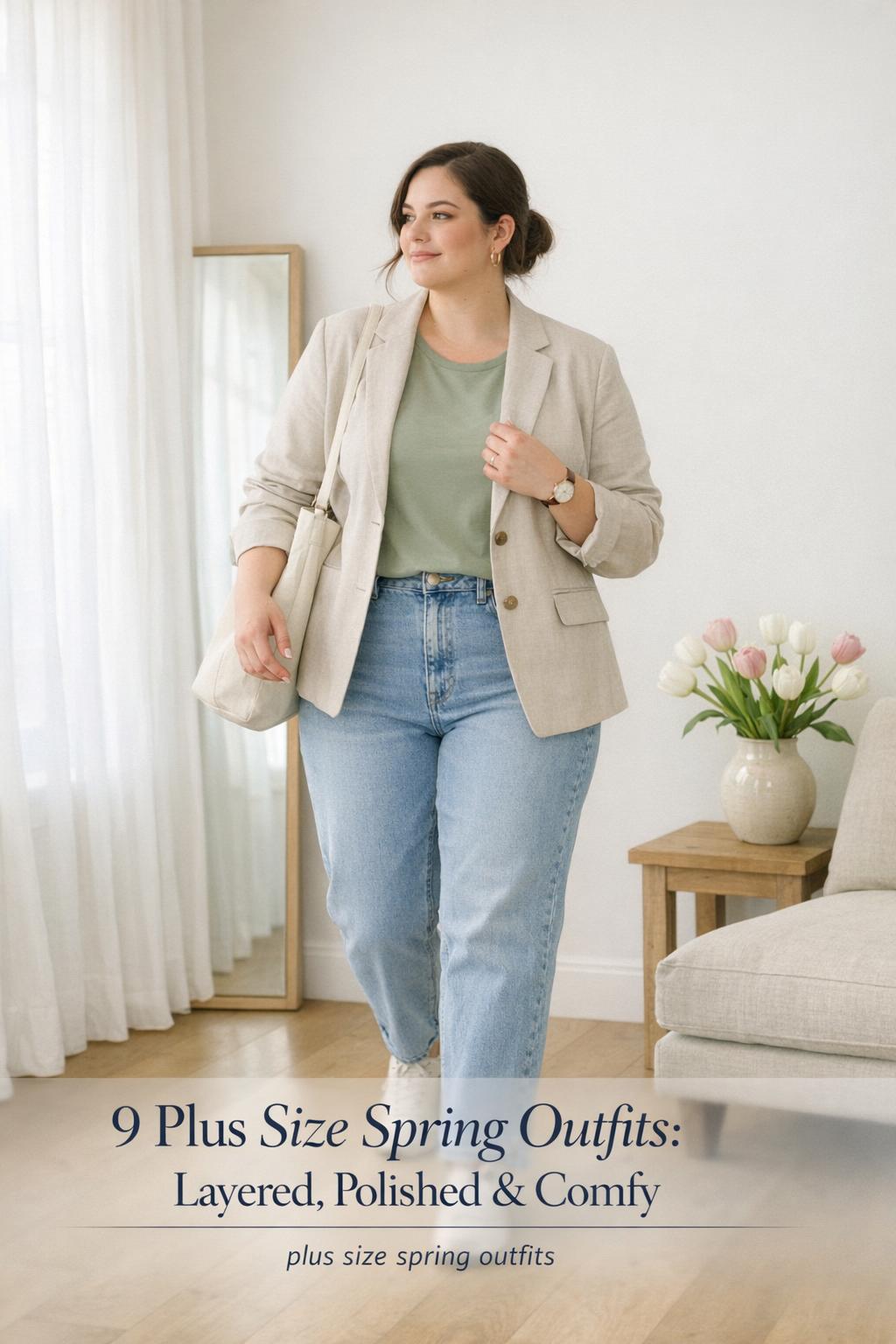 Plus-size woman in airy apartment entryway wearing layered neutrals and sneakers, showcasing plus size spring outfits