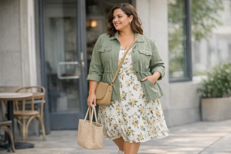 Plus size spring outfits with light jacket, tee, jeans and sneakers in a polished layered look