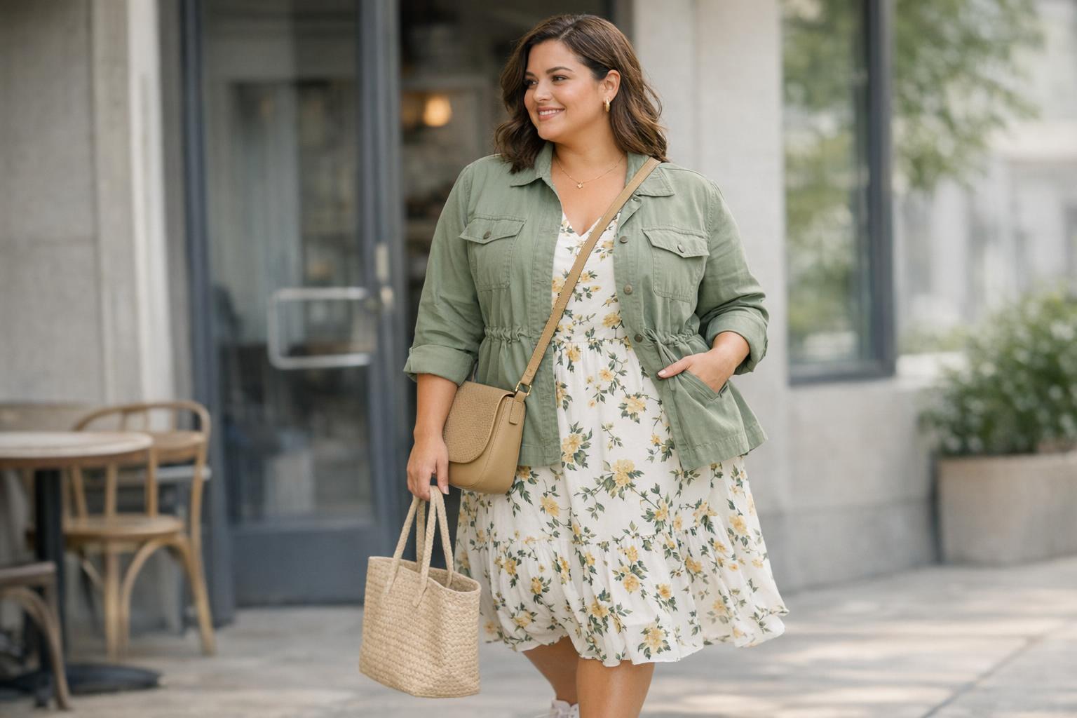 Plus size spring outfits with light jacket, tee, jeans and sneakers in a polished layered look