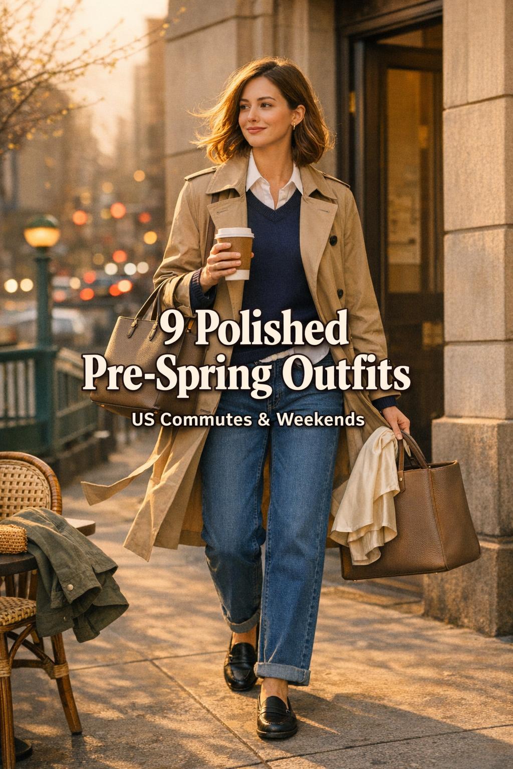 Pre spring outfits on a city sidewalk café: woman in beige trench with tote and coffee near a subway entrance at golden hour