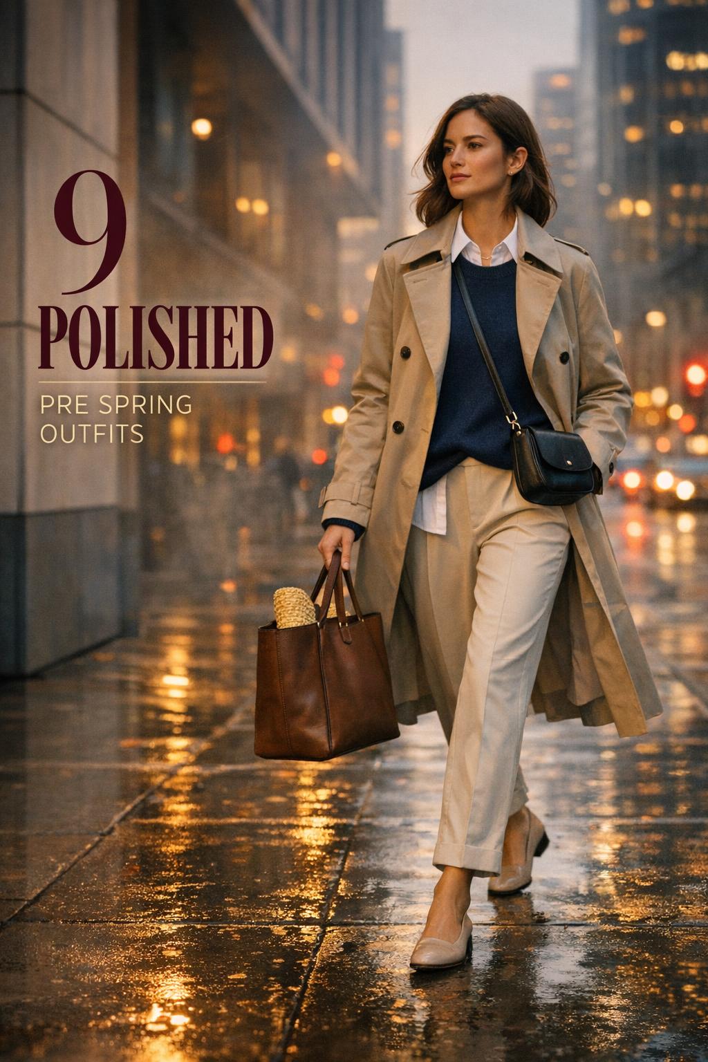 Pre spring outfits commuter in beige trench walking at dusk on a wet city sidewalk, moody editorial fashion photo
