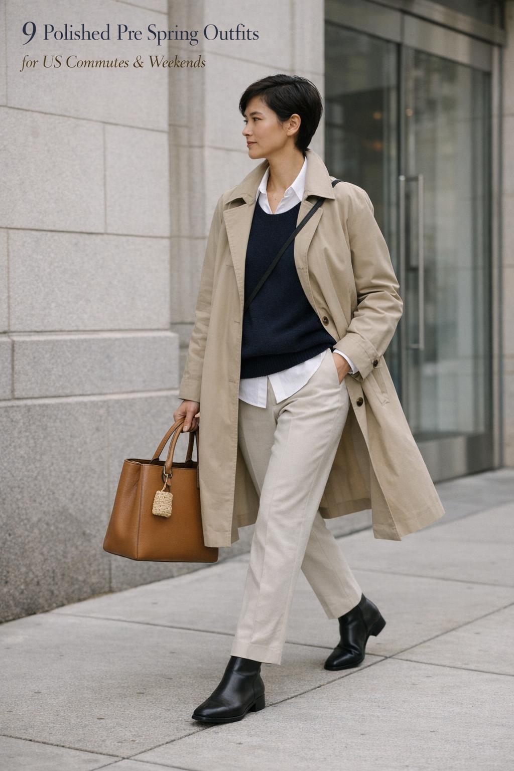 Pre spring outfits on a city sidewalk: beige trench, white shirt, navy knit, stone trousers, black ankle boots, tan tote.