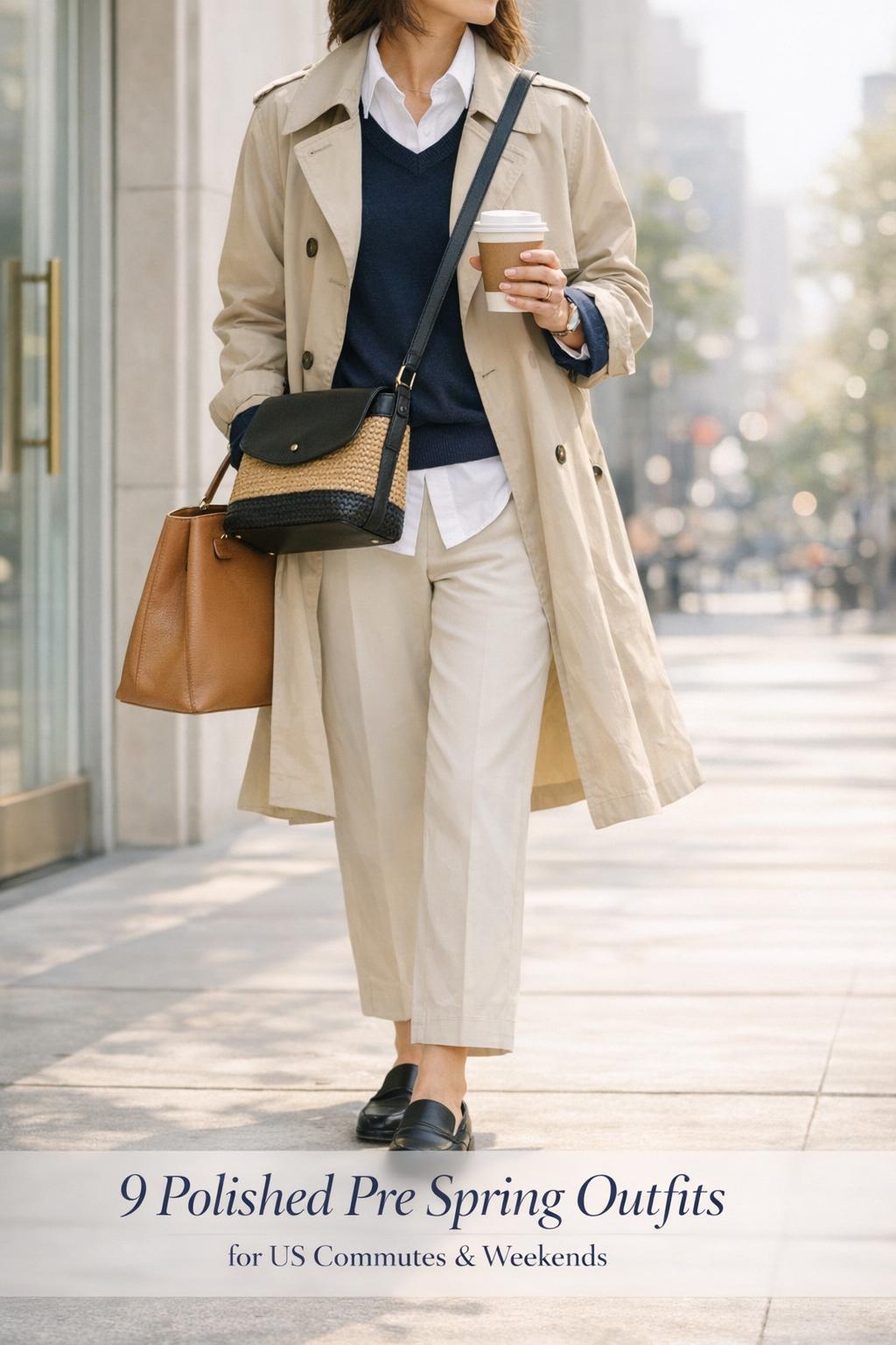 Pre spring outfits on a bright city sidewalk: beige trench, navy knit, white shirt, cream pants and tote in morning light