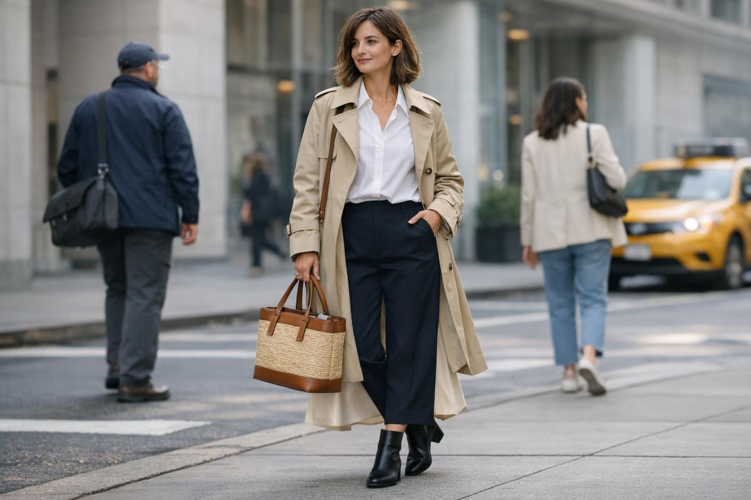 Pre spring outfits with a trench coat, white poplin shirt, light denim jeans and loafers for a polished US commute