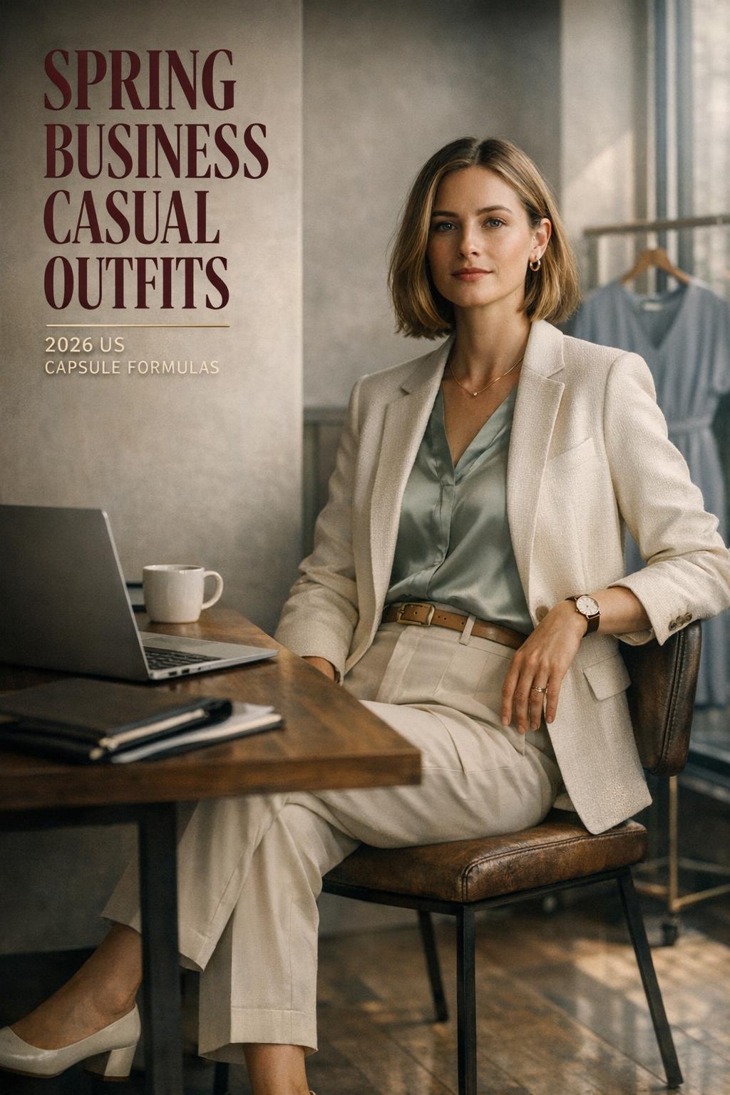 Spring business casual outfits in a modern hybrid office, blazer and satin blouse with tailored trousers in soft daylight