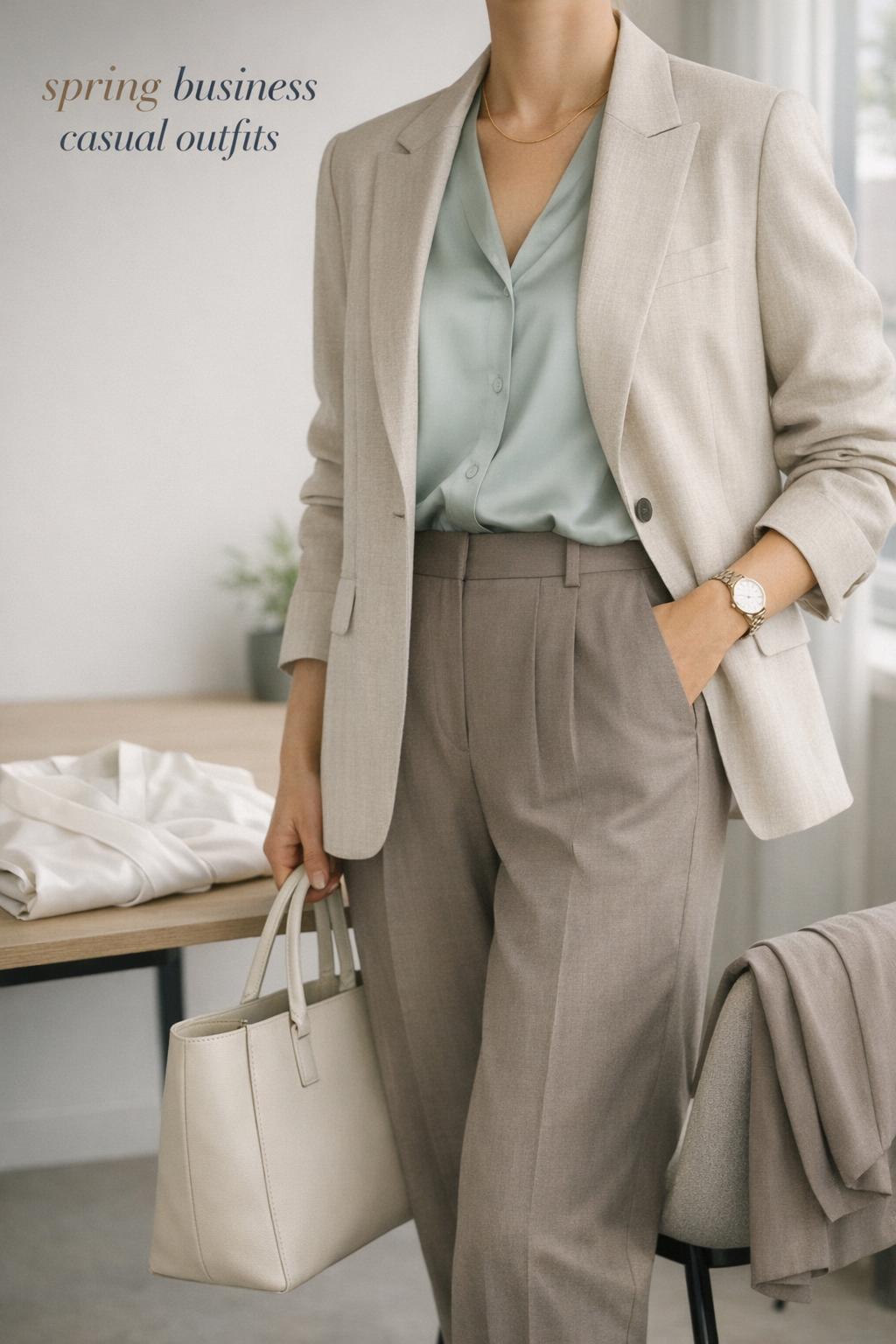 Spring business casual outfits with sand blazer, white blouse, taupe trousers, loafers, and tote in a modern office