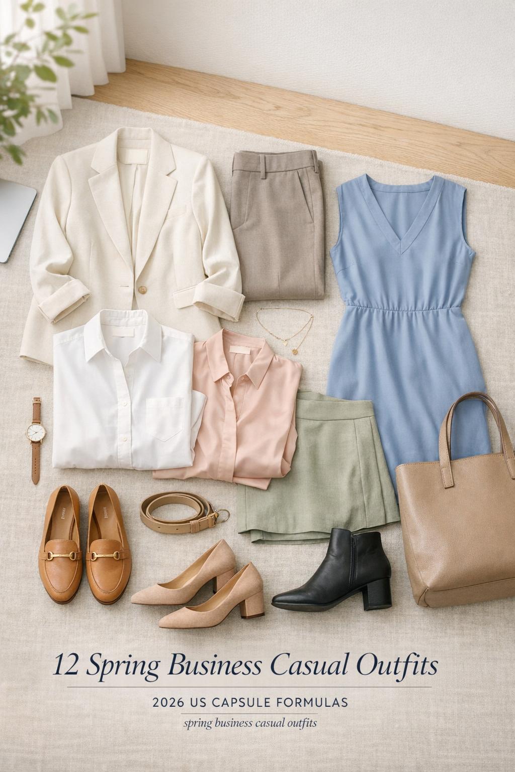 Spring business casual outfits capsule wardrobe flat lay in bright office corner with blazer, trousers, blouse and shoes