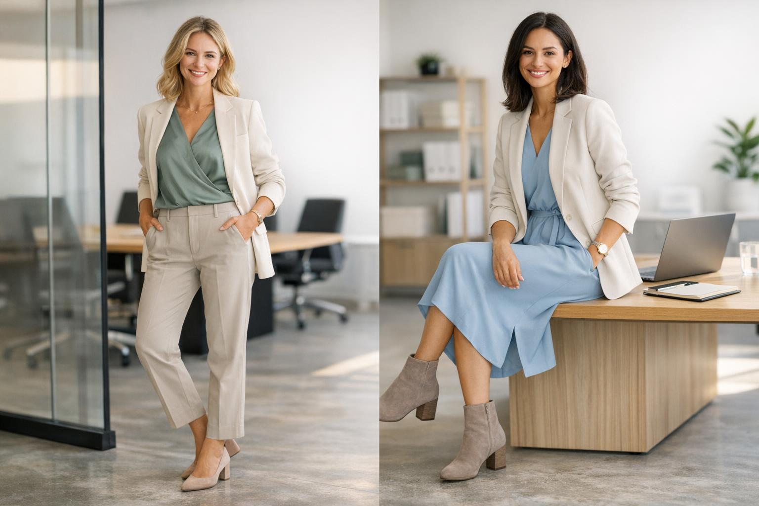 Spring business casual outfits with a light blazer, tailored trousers, and loafers in a bright office setting