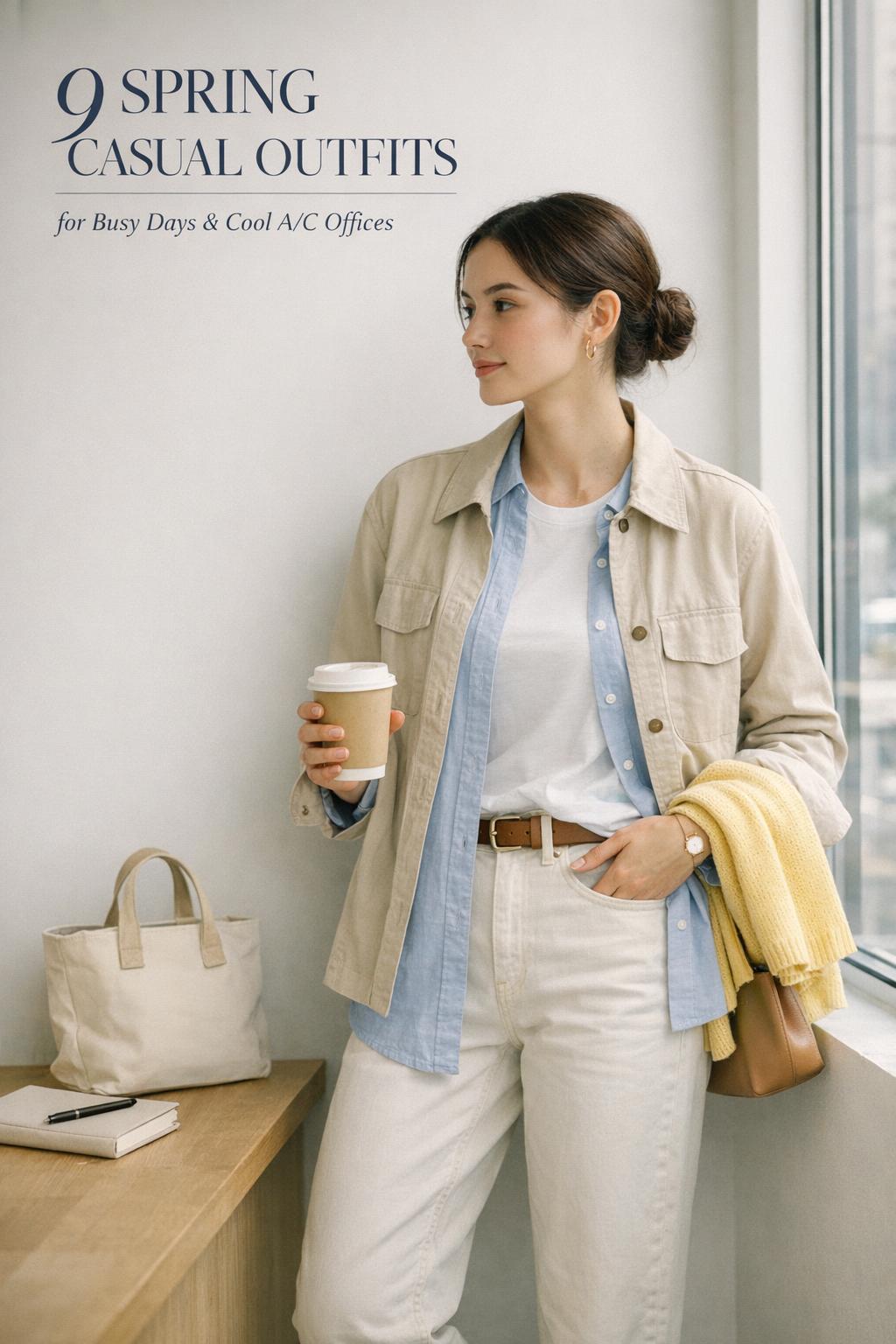 Spring casual outfits on a stylish woman in a beige utility jacket, white tee, pale blue shirt and jeans in city light