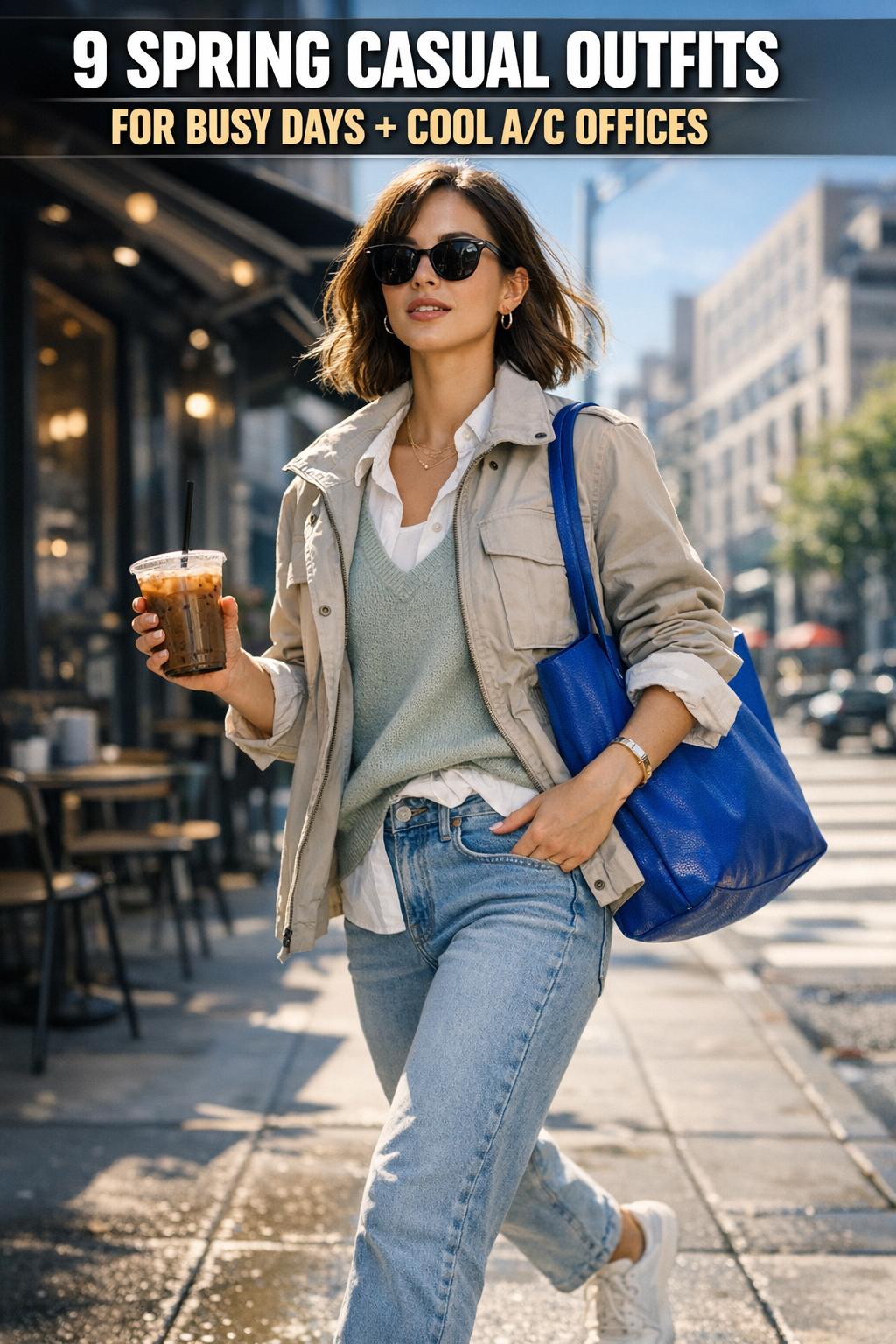 Spring casual outfits styled on a clothing rack with light layers, denim, and sneakers in a bright studio
