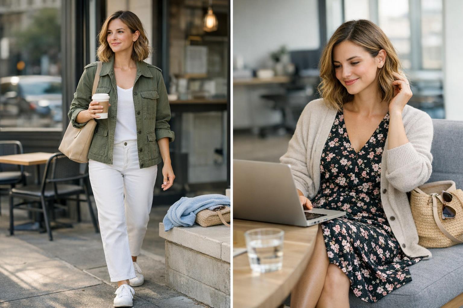 Spring casual outfits with a utility jacket and white denim for a busy day in a cool A/C office