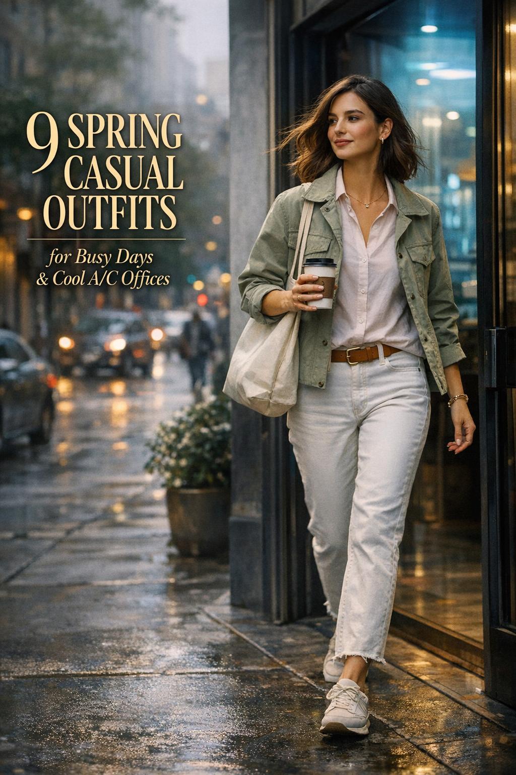 Spring casual outfits cover image of a stylish woman leaving a cafe in a moody spring city street with text overlay