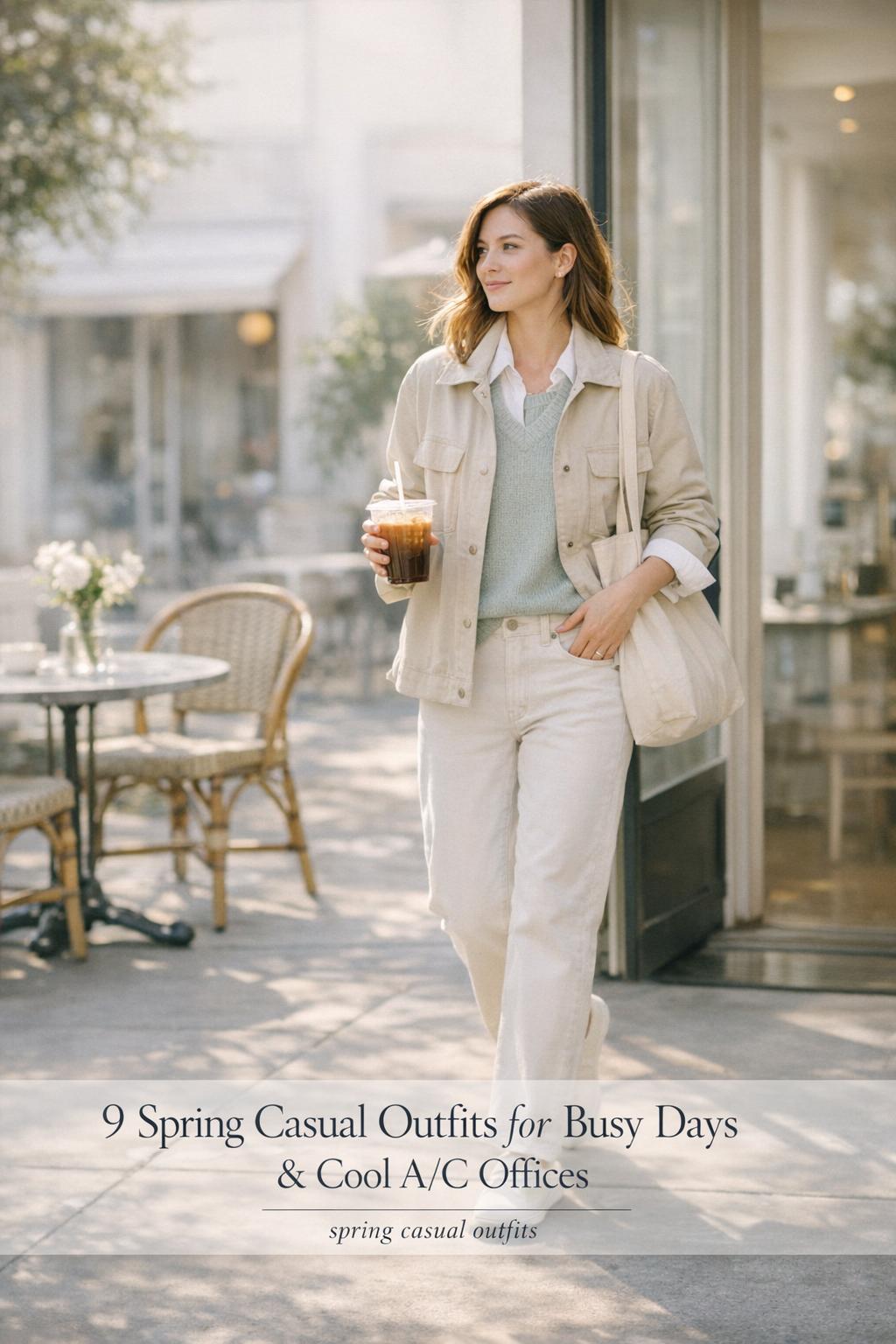 Spring casual outfits: stylish woman leaving a sidewalk cafe with iced coffee, beige jacket, white shirt, denim, and pastel accent