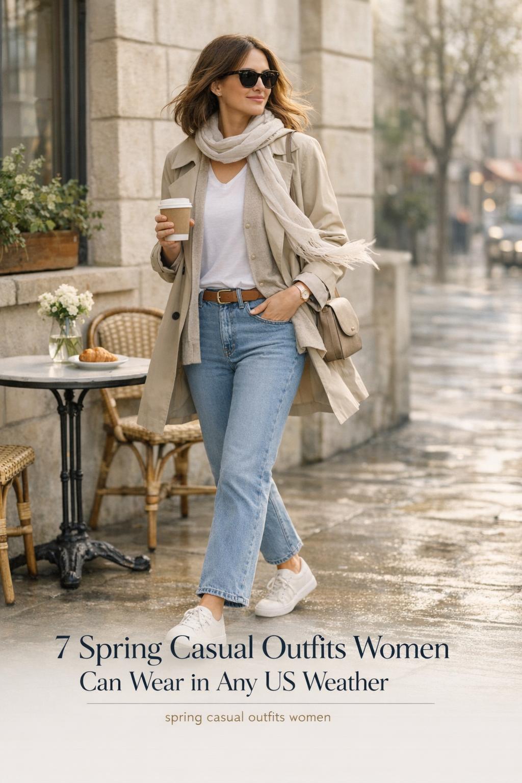 Spring casual outfits women styling at a city sidewalk café, layered trench, cardigan and jeans in soft window light
