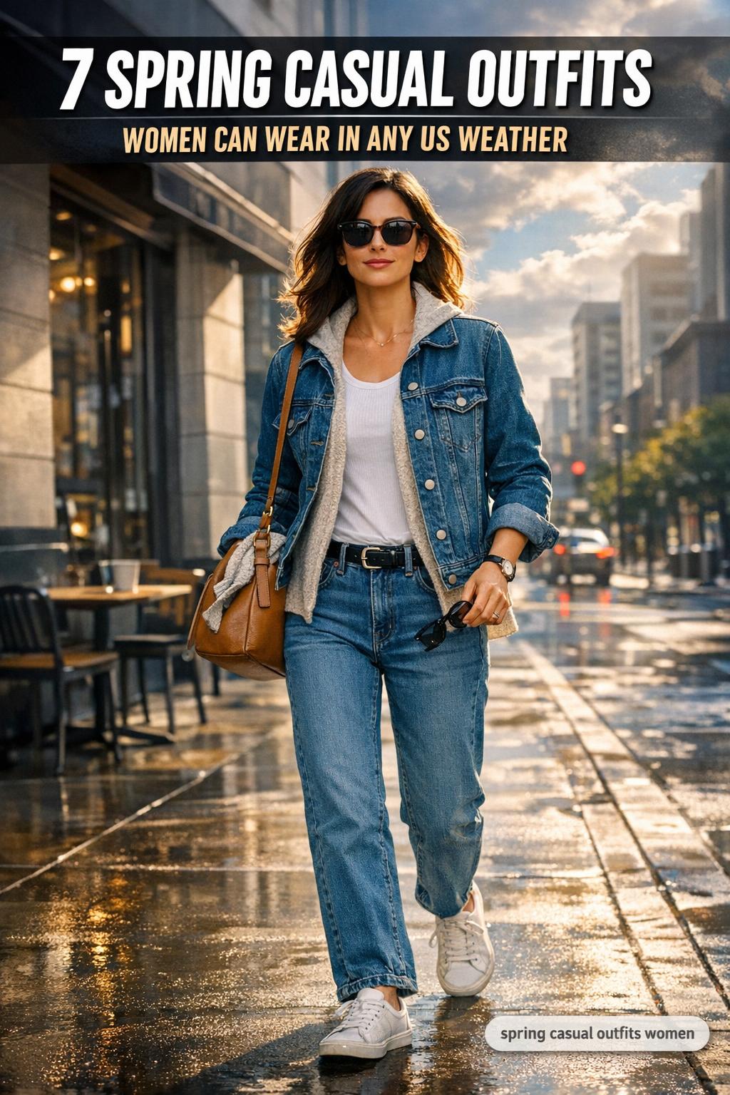 Spring casual outfits women wearing light layers and sneakers in a city street setting