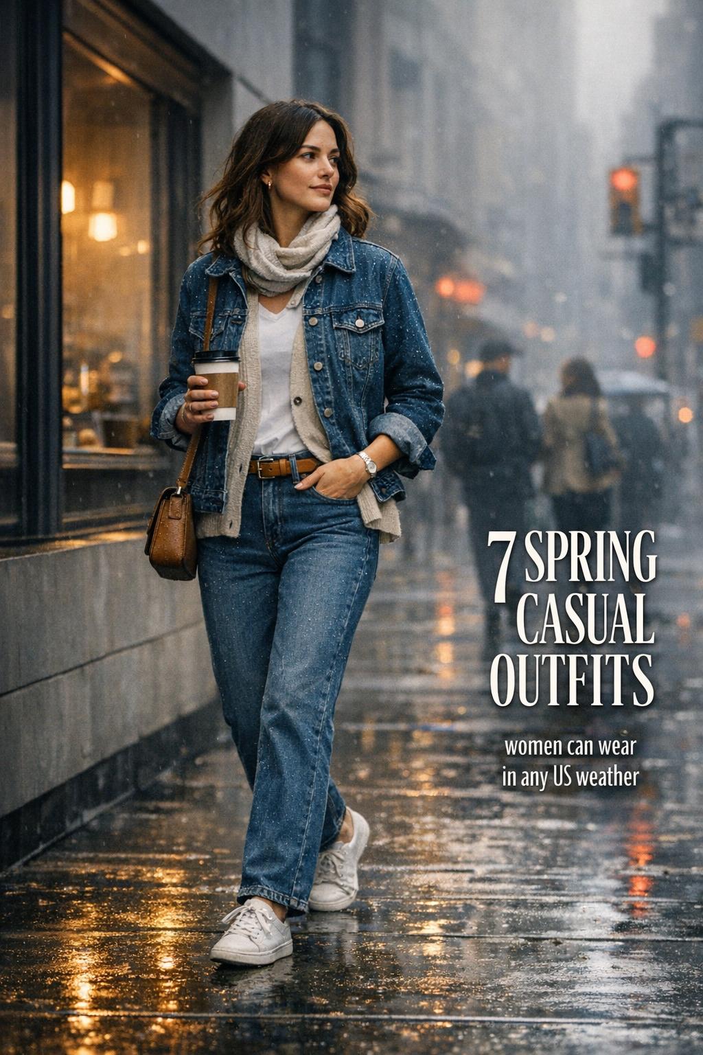 Spring casual outfits women walking a rainy city street in layered denim jacket, cardigan and jeans by a modern cafe