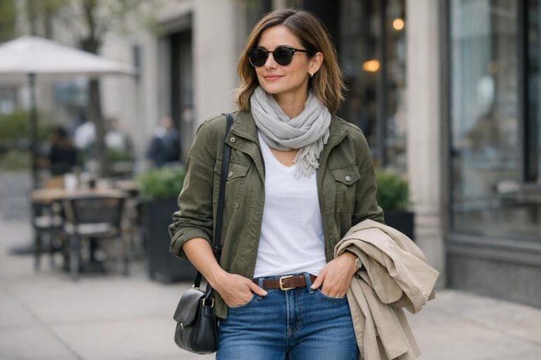 Spring casual outfits women love: tee, straight-leg jeans, denim jacket and white sneakers on a city street