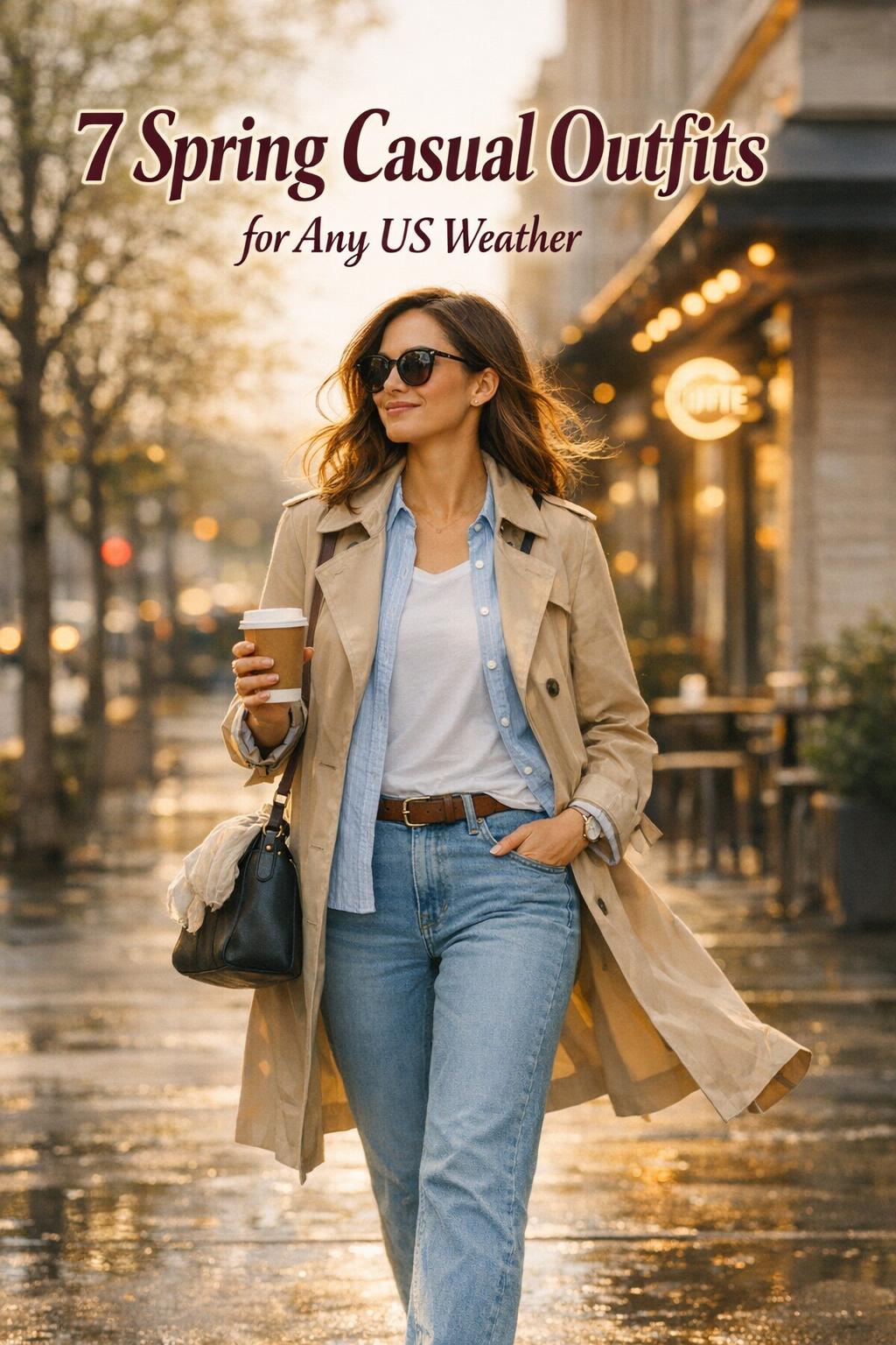 Spring casual outfits women: stylish woman in layered trench look walking with coffee on a warm city sidewalk