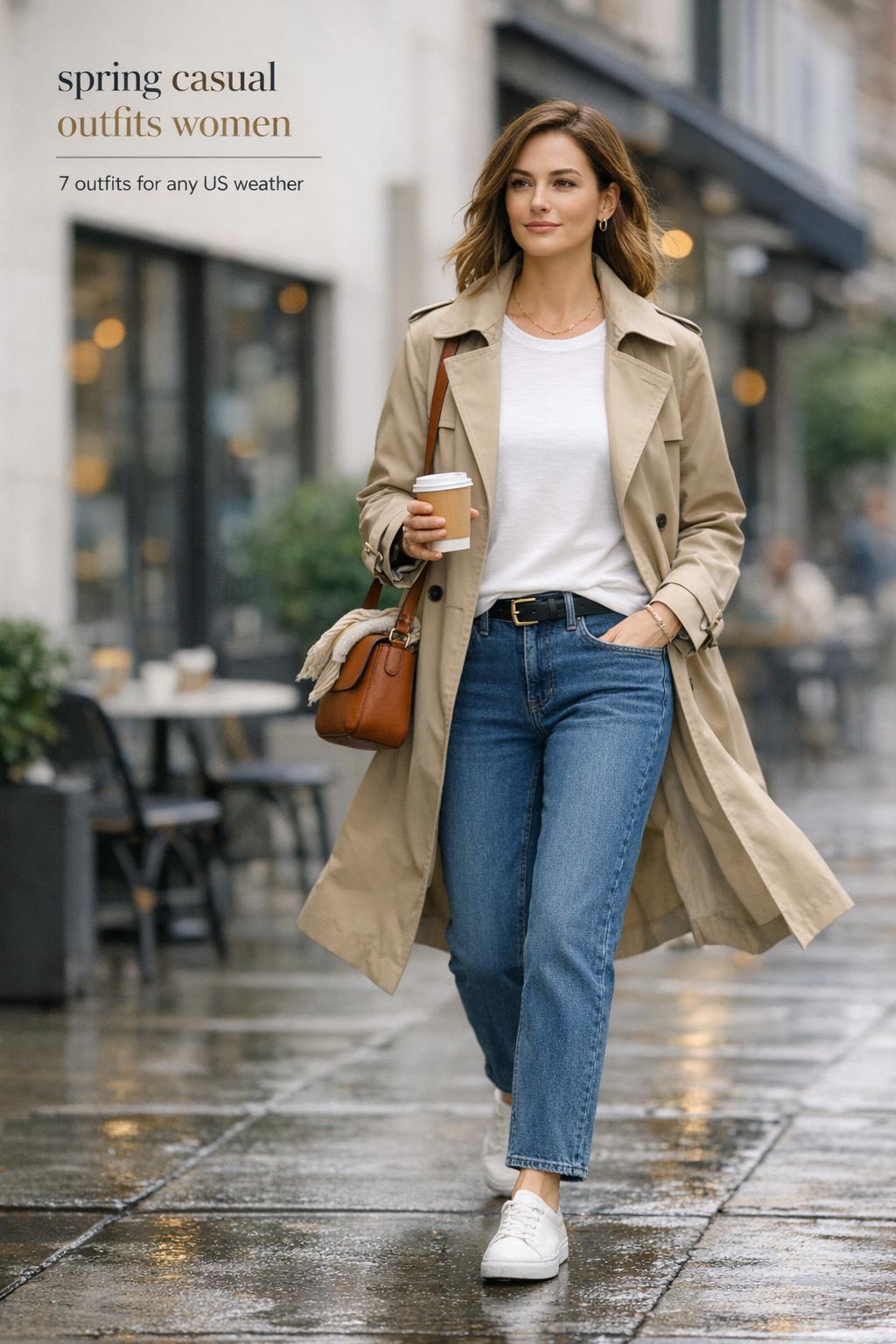 Spring casual outfits women street style with trench coat, white tee, jeans and sneakers on a modern city sidewalk