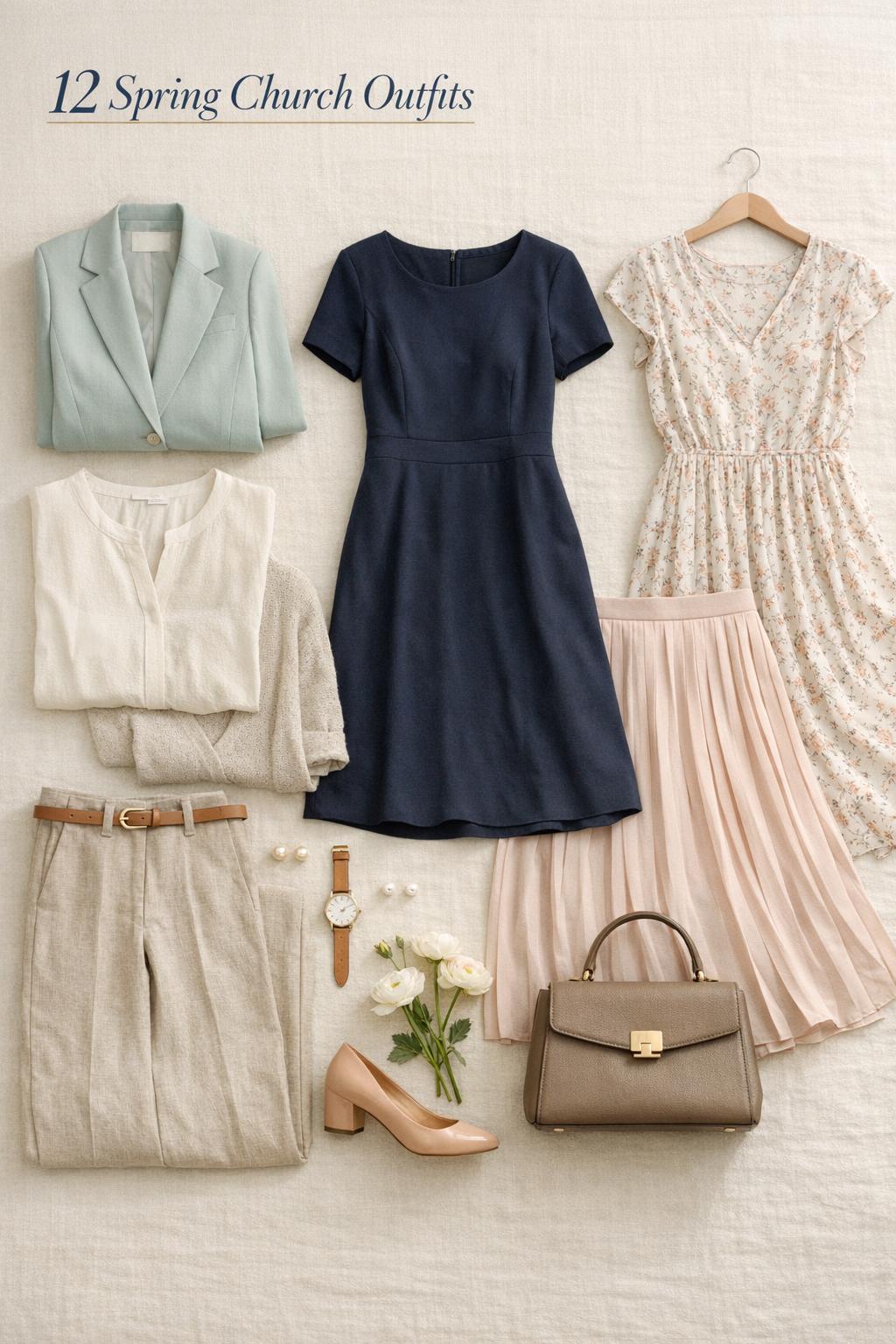 Spring church outfits flat lay on ivory linen with pastel blazer, midi dresses, pleated skirt, pumps, and accessories