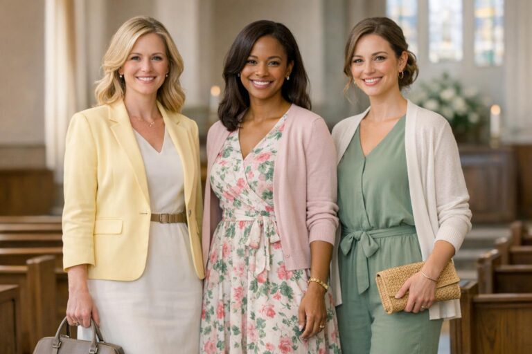 Spring church outfits with a floral midi dress and light cardigan, styled modestly for Sunday service weather swings