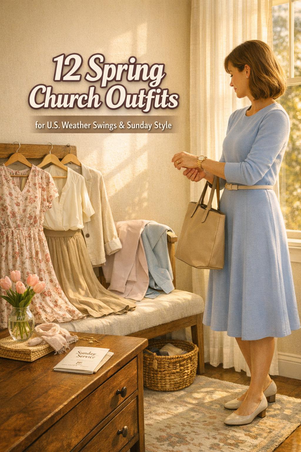 Spring church outfits in a sunlit bedroom with a woman styling a pastel dress, blazer, heels, and capsule pieces
