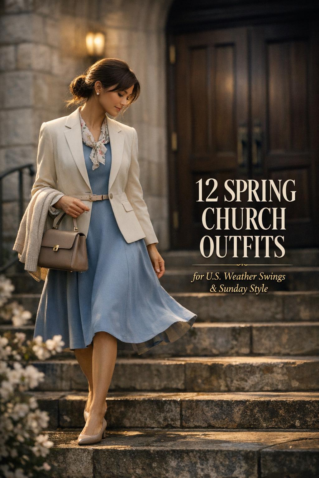 Spring church outfits: stylish woman in pastel dress and blazer walking up church steps on a moody Sunday morning