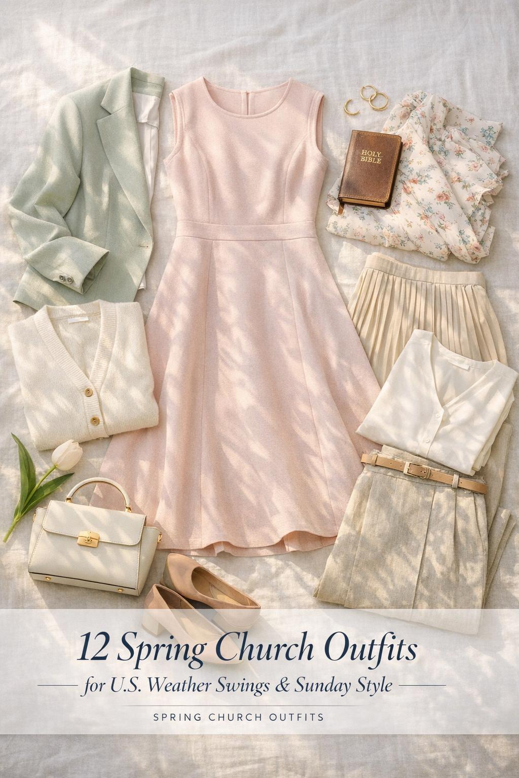 Spring church outfits flat lay with pastel dress, blazer, heels, handbag, jewelry, and Bible in soft morning light