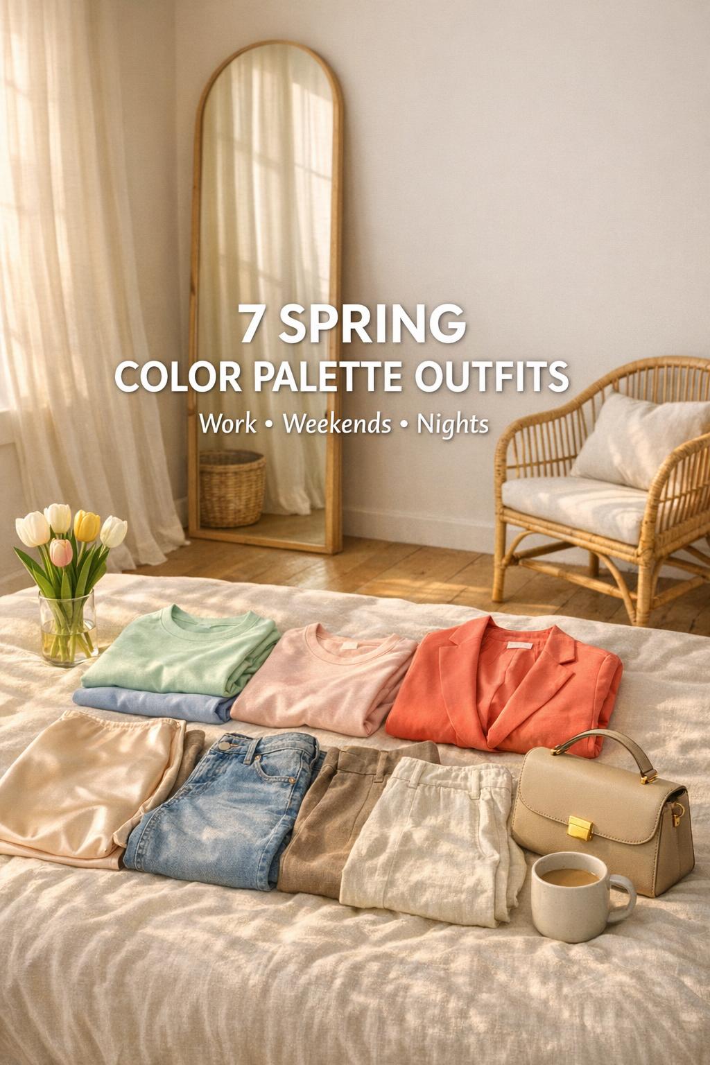 Spring color palette outfits laid out on a bed in a sunlit minimalist bedroom with pastel tops, blazer, and tulips
