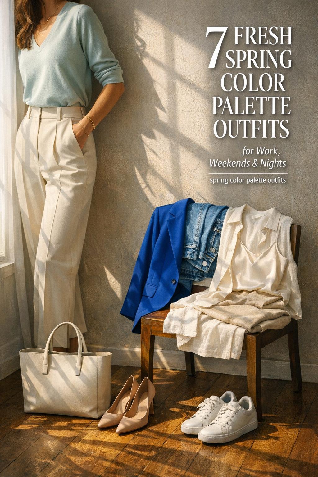Spring color palette outfits flatlay and model styling in a sunlit minimalist studio with pastel top, tailored trousers, and accessories