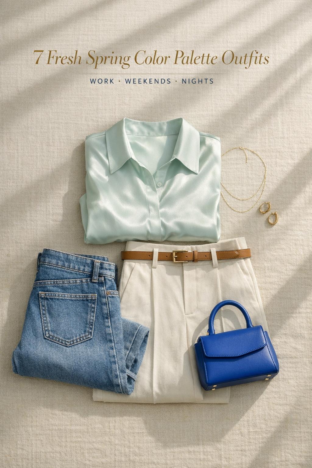 Spring color palette outfits flat lay with pastel satin blouse, neutral trousers, denim and cobalt mini bag in sunlit studio