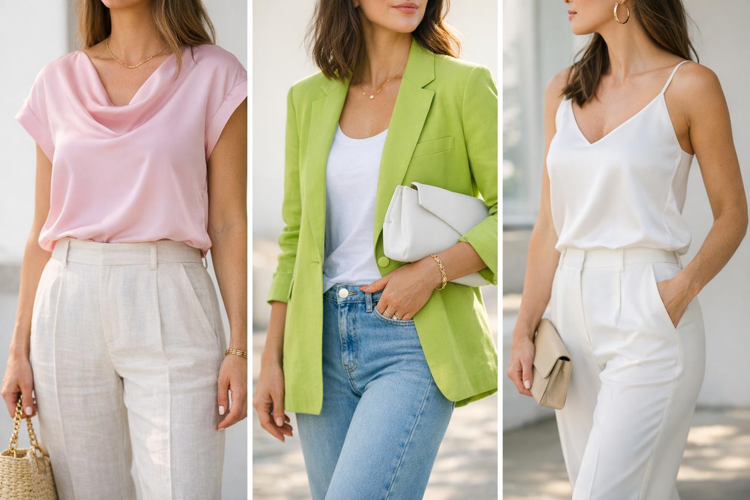 Spring color palette outfits with pastel blouse, cream trousers, and nude heels in bright natural light