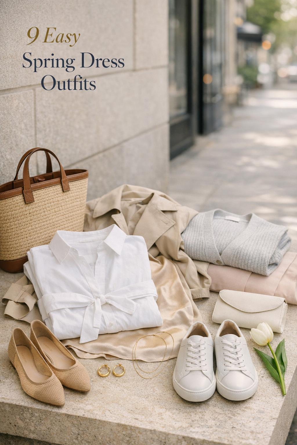Spring dress outfits flat lay with trench, shirt dress, accessories on a café bench in soft morning light