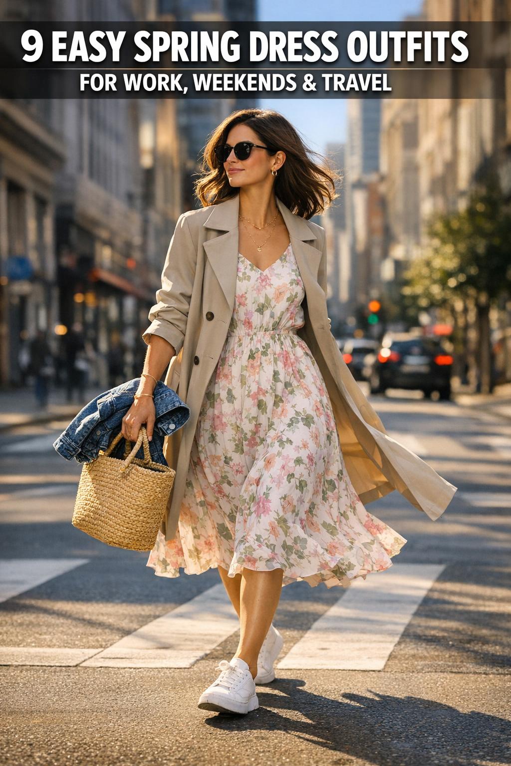 Spring dress outfits styled on a woman in a floral midi dress with a light jacket, shot outdoors in soft daylight