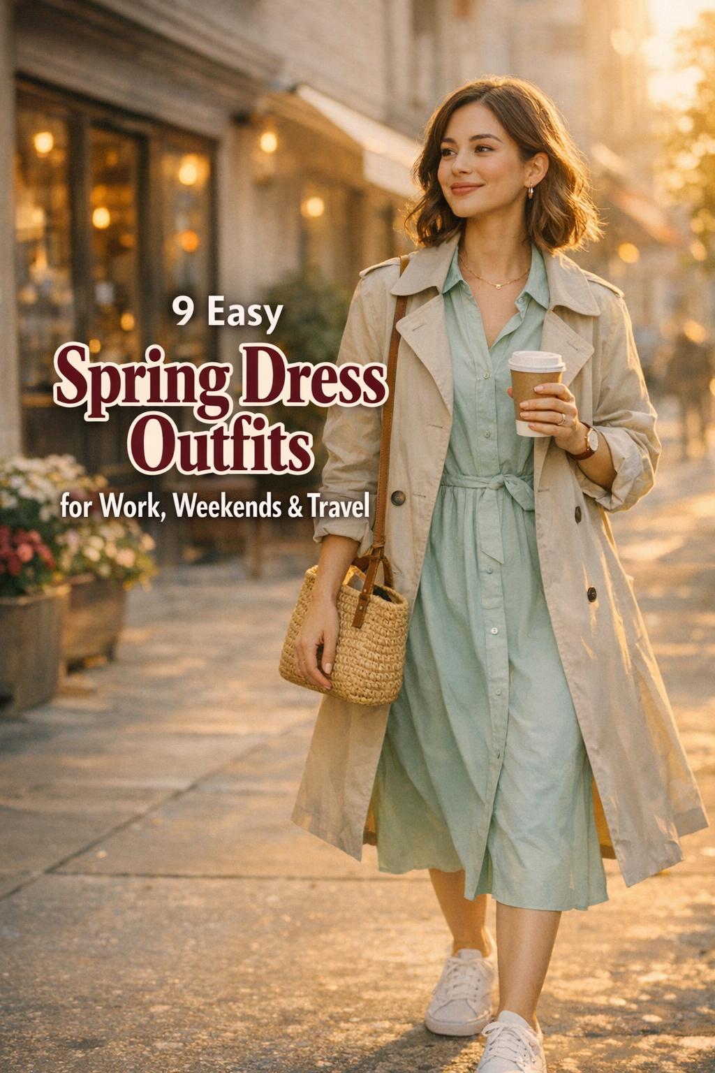 Spring dress outfits in golden-hour city street style: woman in trench coat over midi poplin shirt dress with white sneakers