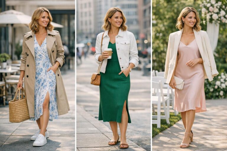 Spring dress outfits styled with a trench coat, midi dress, and flats for work, weekends, and travel