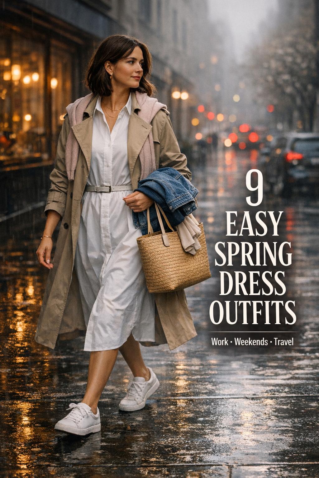 Spring dress outfits street style: woman in trench coat over white shirt dress walking on rainy city street with café glow