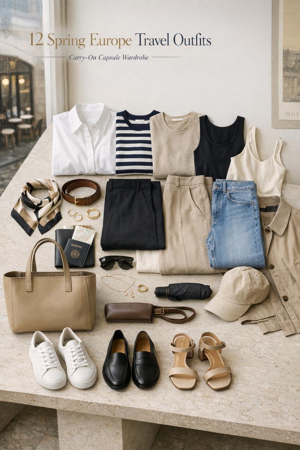 Spring Europe travel outfits capsule wardrobe flat lay on limestone table with neutral pieces, accessories, and shoes by window light
