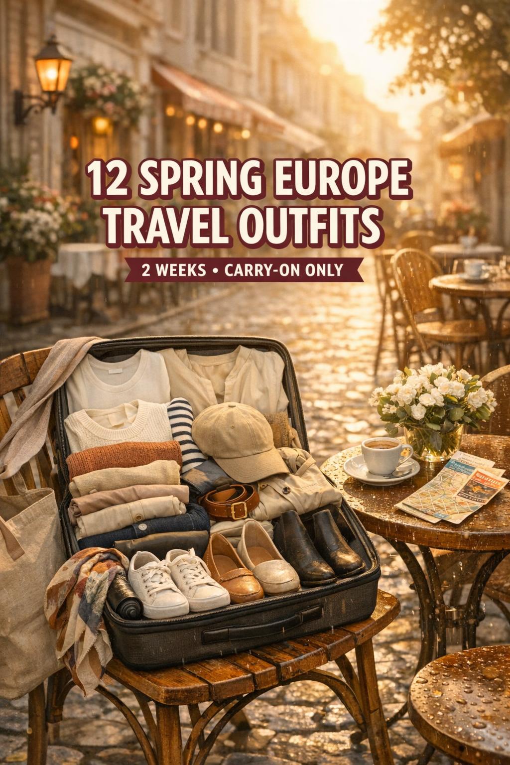 Spring Europe travel outfits in a carry-on suitcase on a cozy cafe terrace on a cobblestone street at golden hour