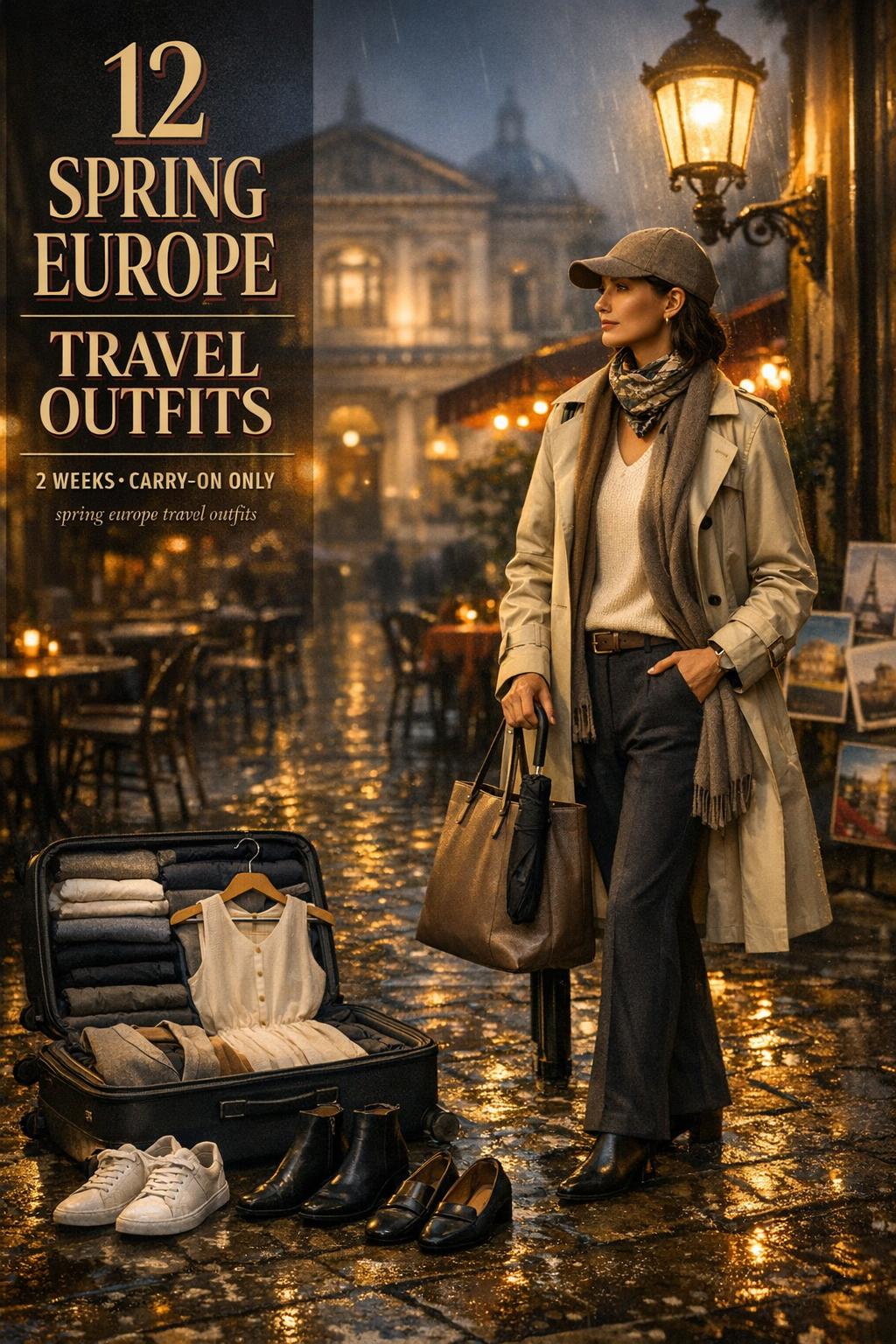 Spring Europe travel outfits in a moody European street scene with traveler, carry-on capsule wardrobe, and umbrella