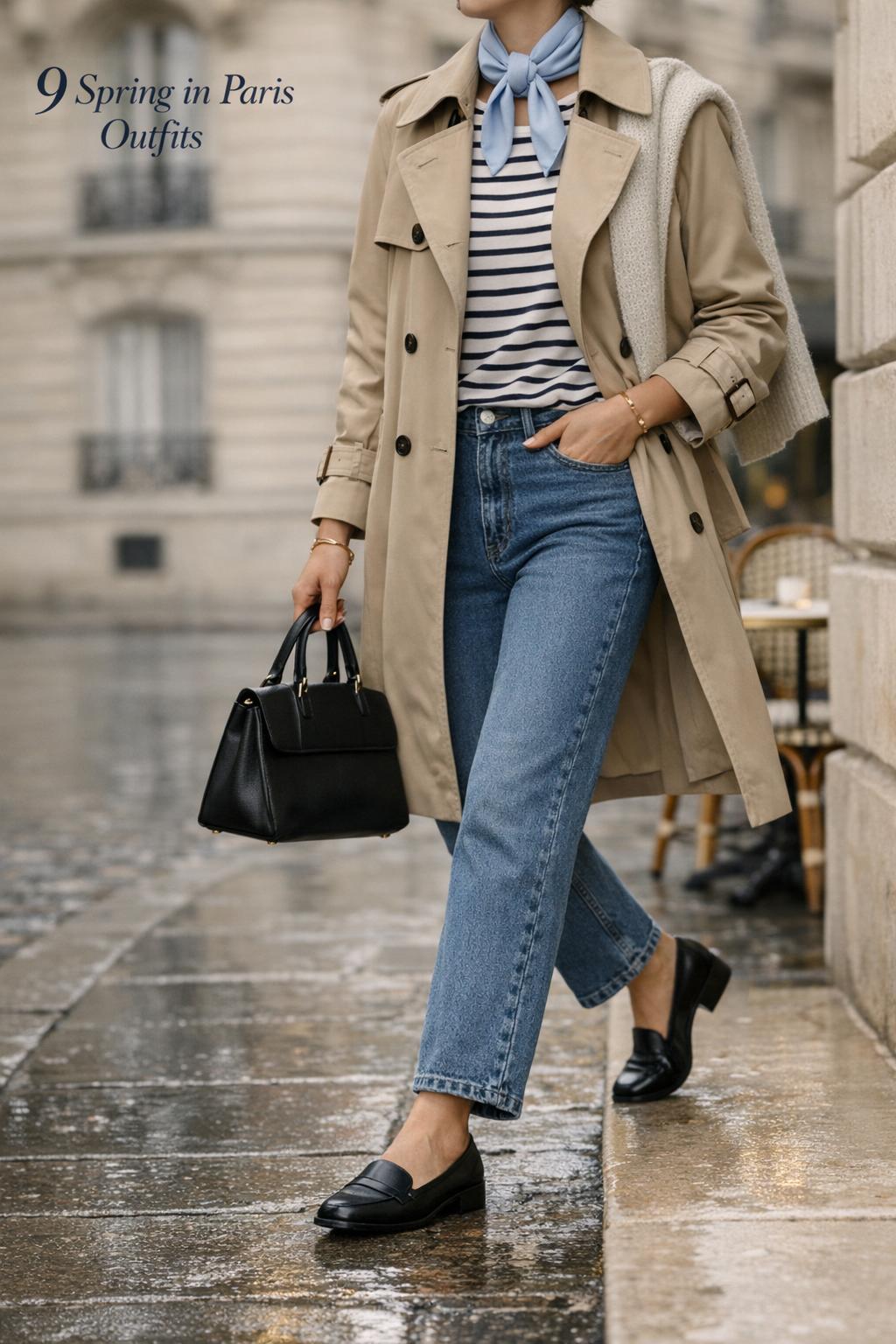 Spring in Paris outfits with beige trench, striped tee, denim and loafers on a rainy Paris boulevard in soft daylight