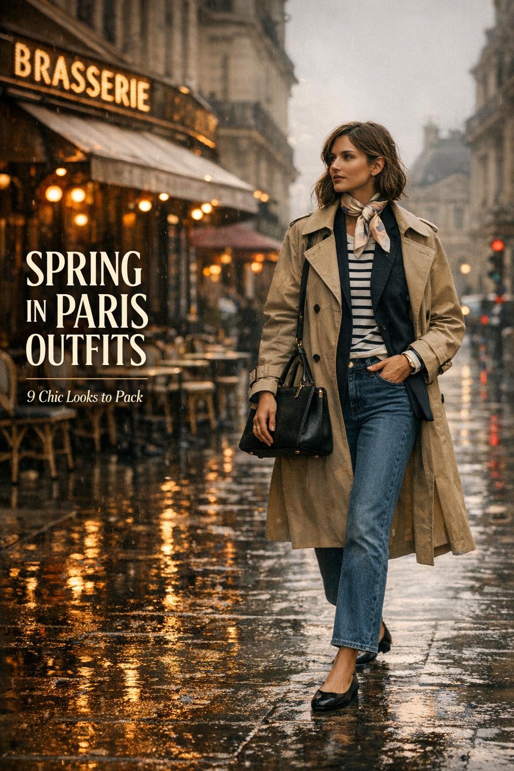 Spring in Paris outfits cover photo of chic traveler in beige trench on rainy Paris boulevard near cafe and museum