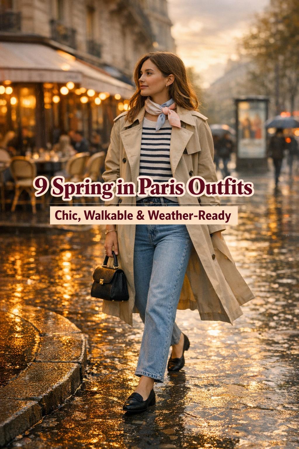 Spring in Paris outfits text overlay on chic traveler in beige trench walking a rainy Haussmann boulevard at golden hour