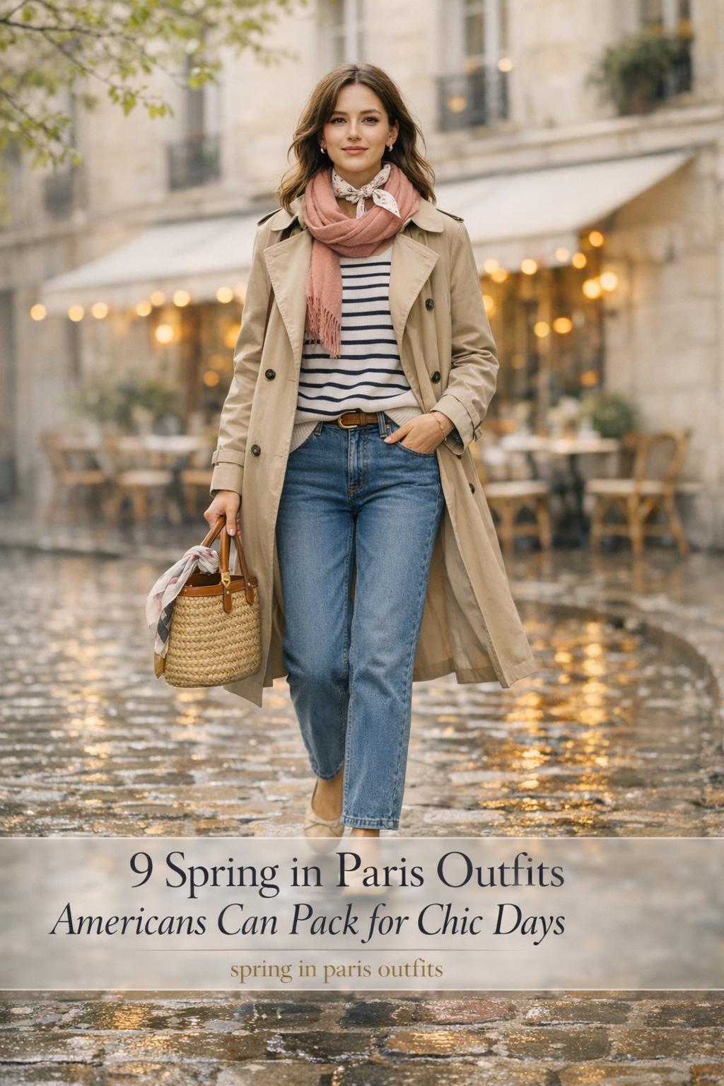 Spring in Paris outfits cover showing chic woman in beige trench on rainy Paris street with text overlay
