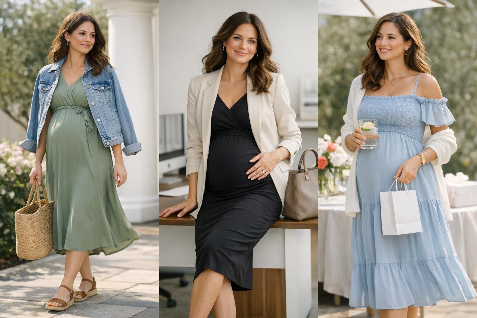Spring maternity outfits with a chic pregnant woman in a pastel midi dress and blazer, styled for work and brunch